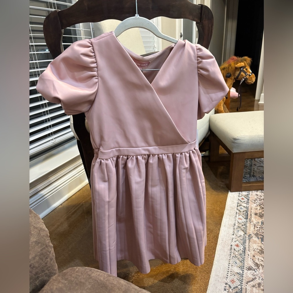Girls' Pink Puff Sleeve Faux Leather Wrap Dress